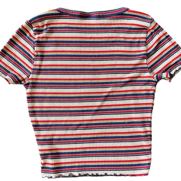 268-Good Luck Gem Small Striped t-shirt. Red Blue Tan White Crop Top - Picture 5 of 5